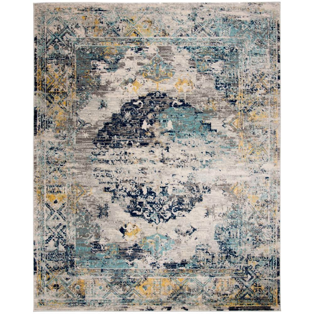 Blue and Gray Floral Motif Synthetic 9' x 12' Area Rug