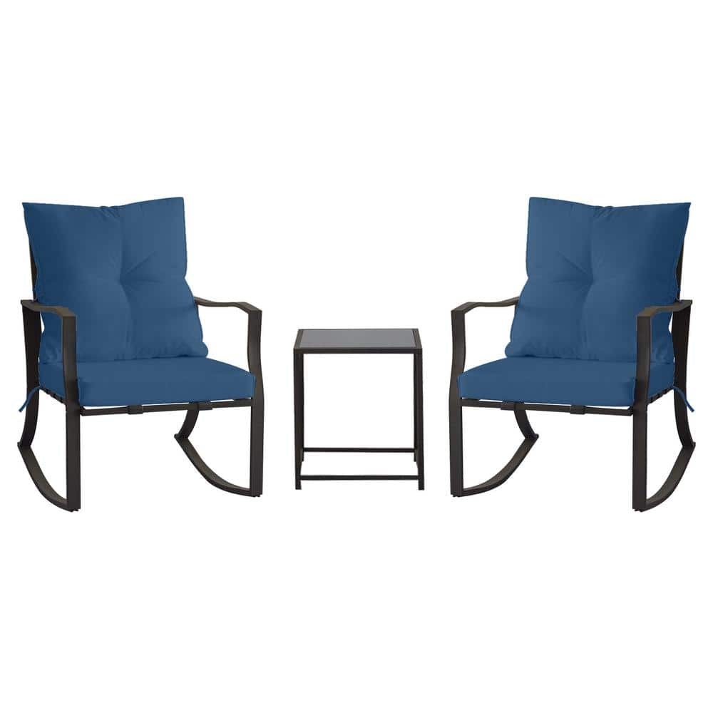 3-Piece Metal Outdoor Bistro Set with Glass Coffee Table Rocking Chair and 