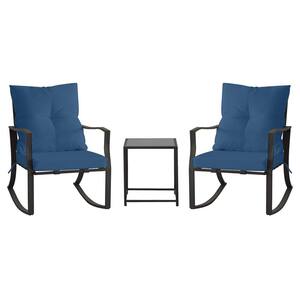 3-Piece Metal Outdoor Bistro Set with Glass Coffee Table Rocking Chair and Cushions in Blue