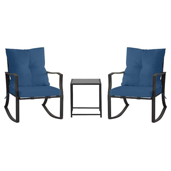 Unbranded 3-Piece Metal Outdoor Bistro Set with Glass Coffee Table Rocking Chair and Cushions in Blue