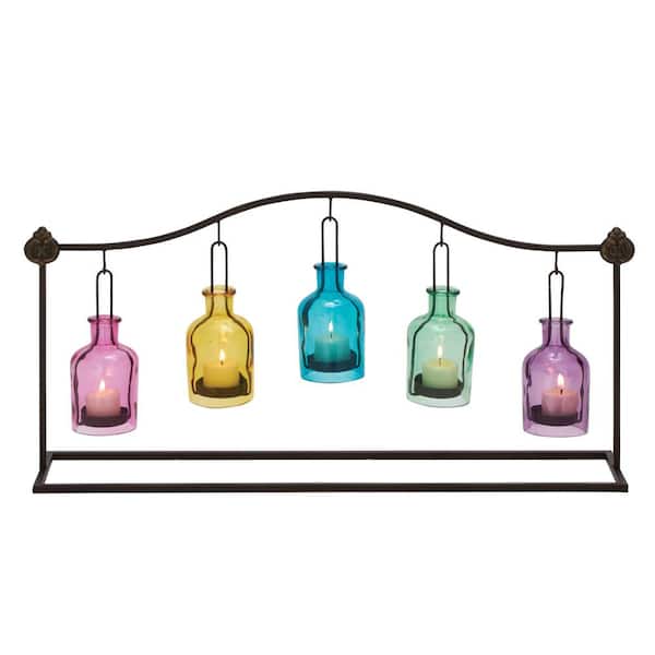 Litton Lane 12 in. H Multi Colored Metal Hanging Bottle Decorative Candle Lantern