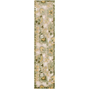 Aloha Ivory Green 2 ft. x 8 ft. Floral Contemporary Indoor/Outdoor Runner Area Rug