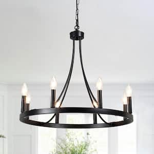 8-Light Matte Black Wagon Wheel Chandelier for Living Room Dinning Room with No Bulbs Included