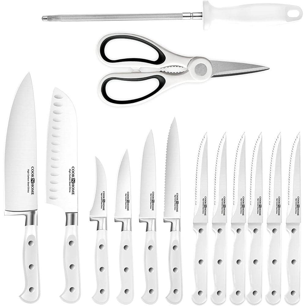 White 15-Piece Kitchen Knife Set with Bamboo Block