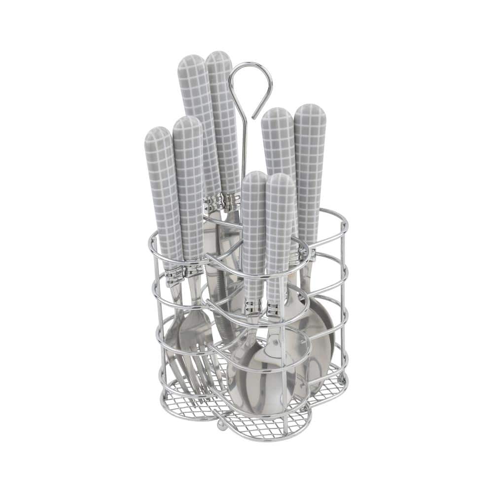 Geometric Grid Stainless Steel Flatware Set in Cool-Toned Gray and White