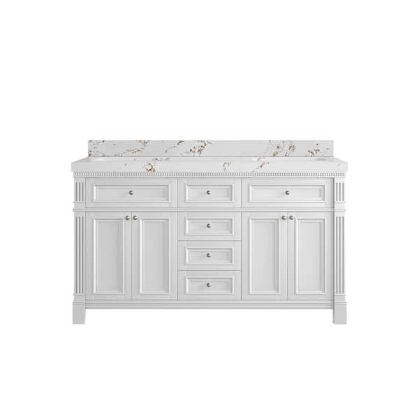 Willow Collections Paris 60 in. W x 22 in. D x 36 in. H Double Sink Bath Vanity in White with 2 in. Viola Brown qt. Top