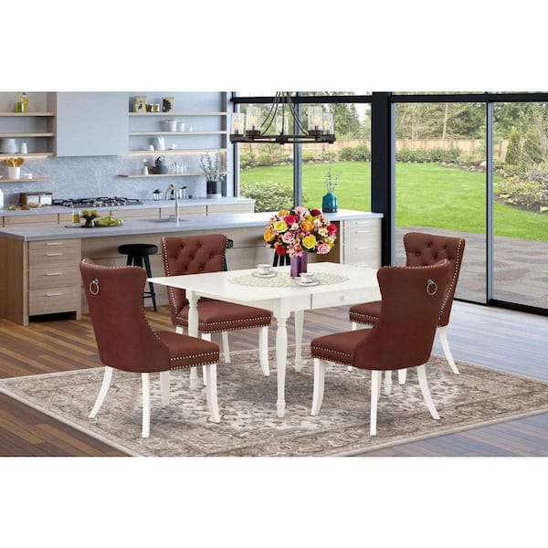 East West Furniture 5-Piece Linen White Finish Solid Wood Top - Rectangular Upholstered Dining Room Set with Dropleaf - Seats 4