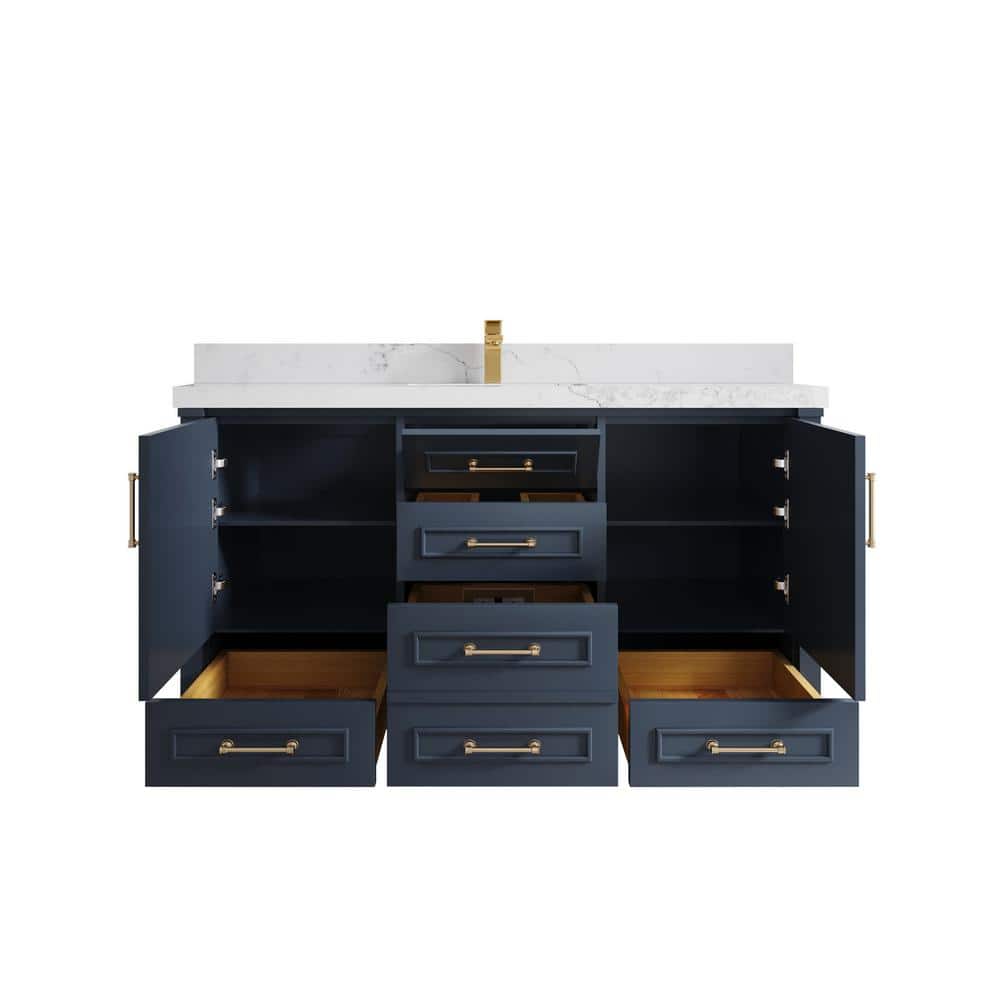 Hudson 60'' Navy Blue Solid Wood Single Bathroom Vanity with Quartz Top