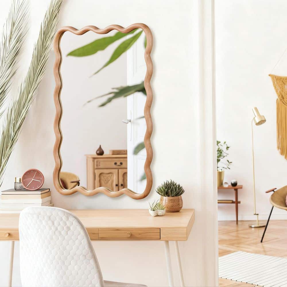 Natural Wood 24 in. W x 36 in. H Wavy Rectangle Solid Wood Frame Mirror for Bathroom Vanity and Wall Decor price history on PriceWatchPro