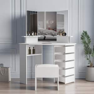 43.7in. x 24.02in. x 55.91in. White Wooden Vanity Table Corner Dressing Table with Three-Fold Mirror and 5 Rotary Drawer