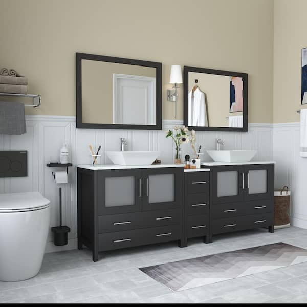 Ravenna 84 in. W Bathroom Vanity in Espresso with Double Basin in White Engineered Marble Top and Mirrors