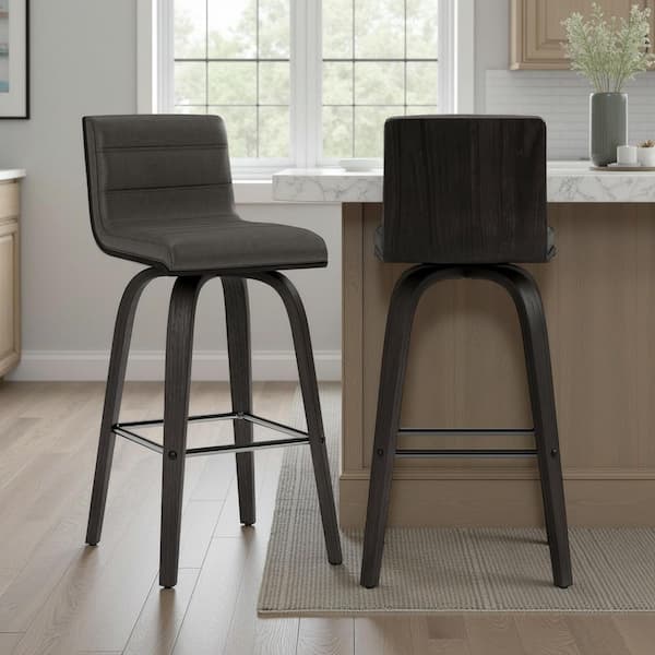 Vienna 35 in. H Gray Low Back Wood Bar Stool with Faux Leather Seat Set of 2