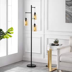 69 in. Black/Amber 3-Light Tree Floor Lamp with Clear Glass Shade