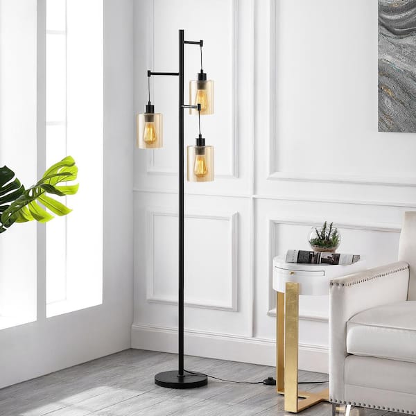 69 in. Black/Amber 3-Light Tree Floor Lamp with Clear Glass Shade