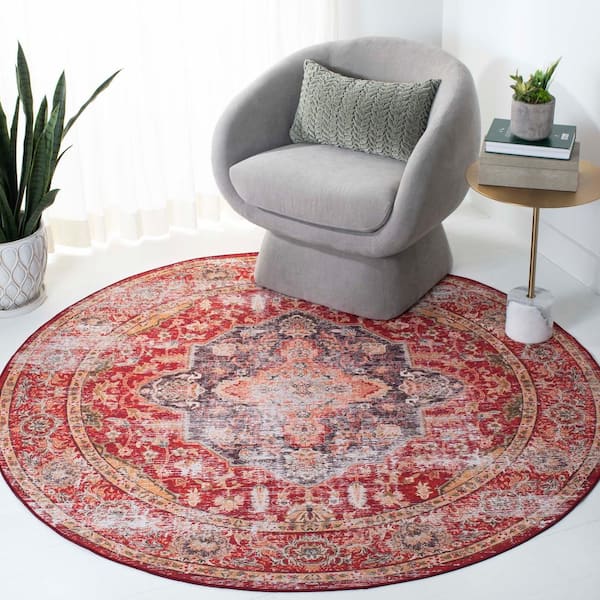 Tucson Rust/Gold 6 ft. x 6 ft. Machine Washable Distressed Medallion Floral Round Area Rug