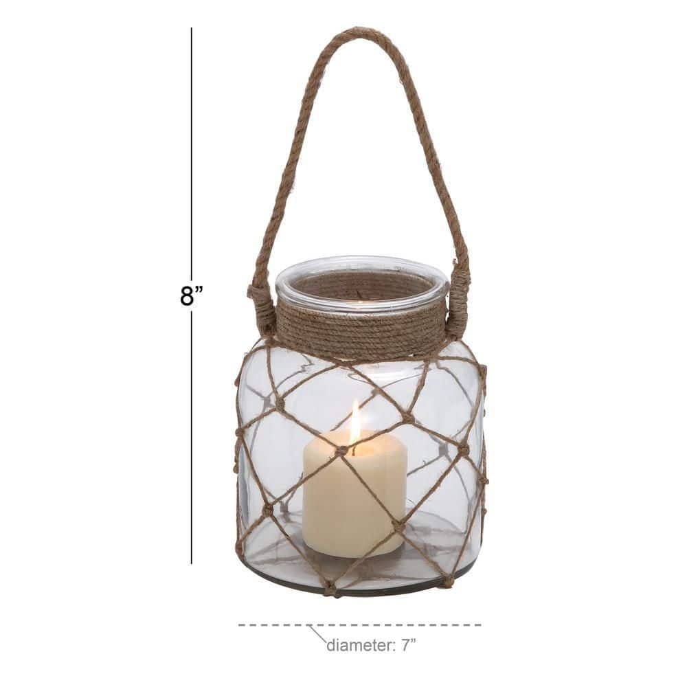 Coastal Charm Rustic Glass Candle Lantern with Jute Rope, 7"x8"