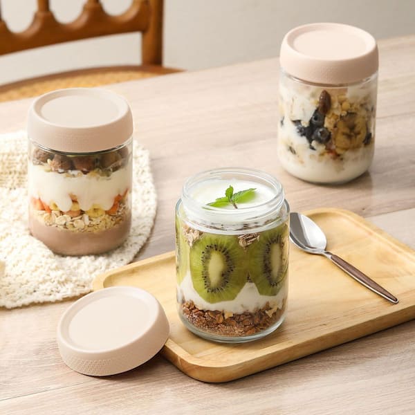 16 oz. Beige Glass Food Storage Container with Lids, Wide mouth Mason Salad jars or Snacks, Yogurt and Spice (6-Pack)