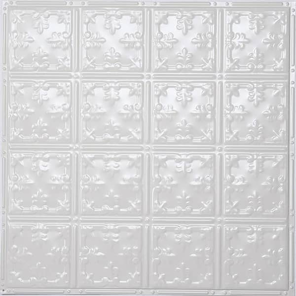 American Tin Ceilings Pattern 21 24 In X 24 In Bright White Gloss Tin Wall Tile Backsplash Kit 5 Pack Kit5 B P21 Wbg The Home Depot