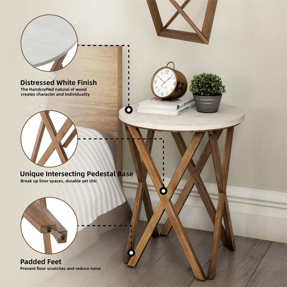 Round Distressed White and Natural Wood Pedestal End Table