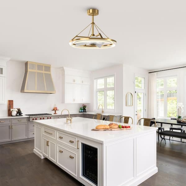 30 in. Indoor Antique Gold Bladeless Dimmable Standard Ceiling Fan with Light, 6-Speed Low Profile Ceiling Fan