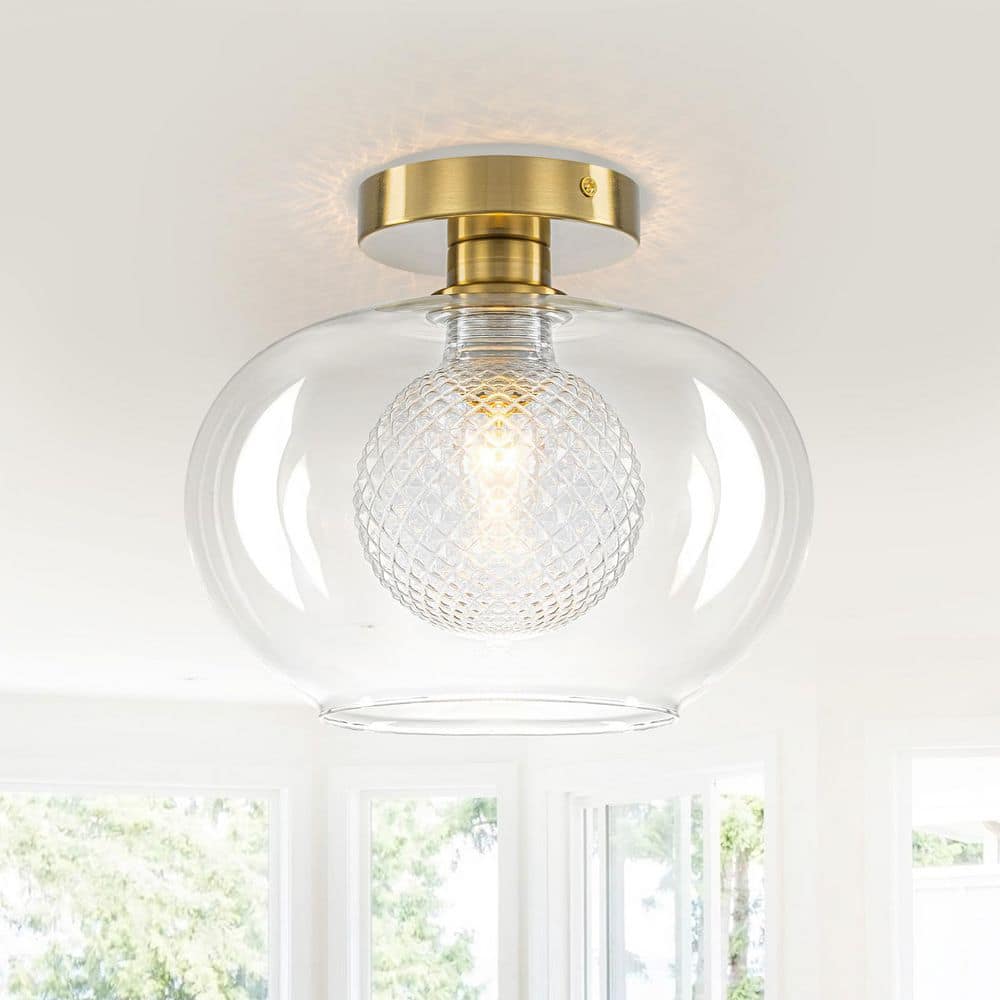 11 in. Modern Round Brushed Gold Semi-Flush Mount Ceiling Light with Clear Double Glass Shade for Dining Room price history on PriceWatchPro