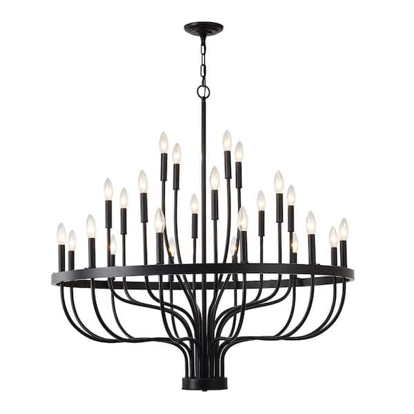 24-Light Matte Black Industrial Chandelier for Living Room with Adjustable Height and E12 Sockets