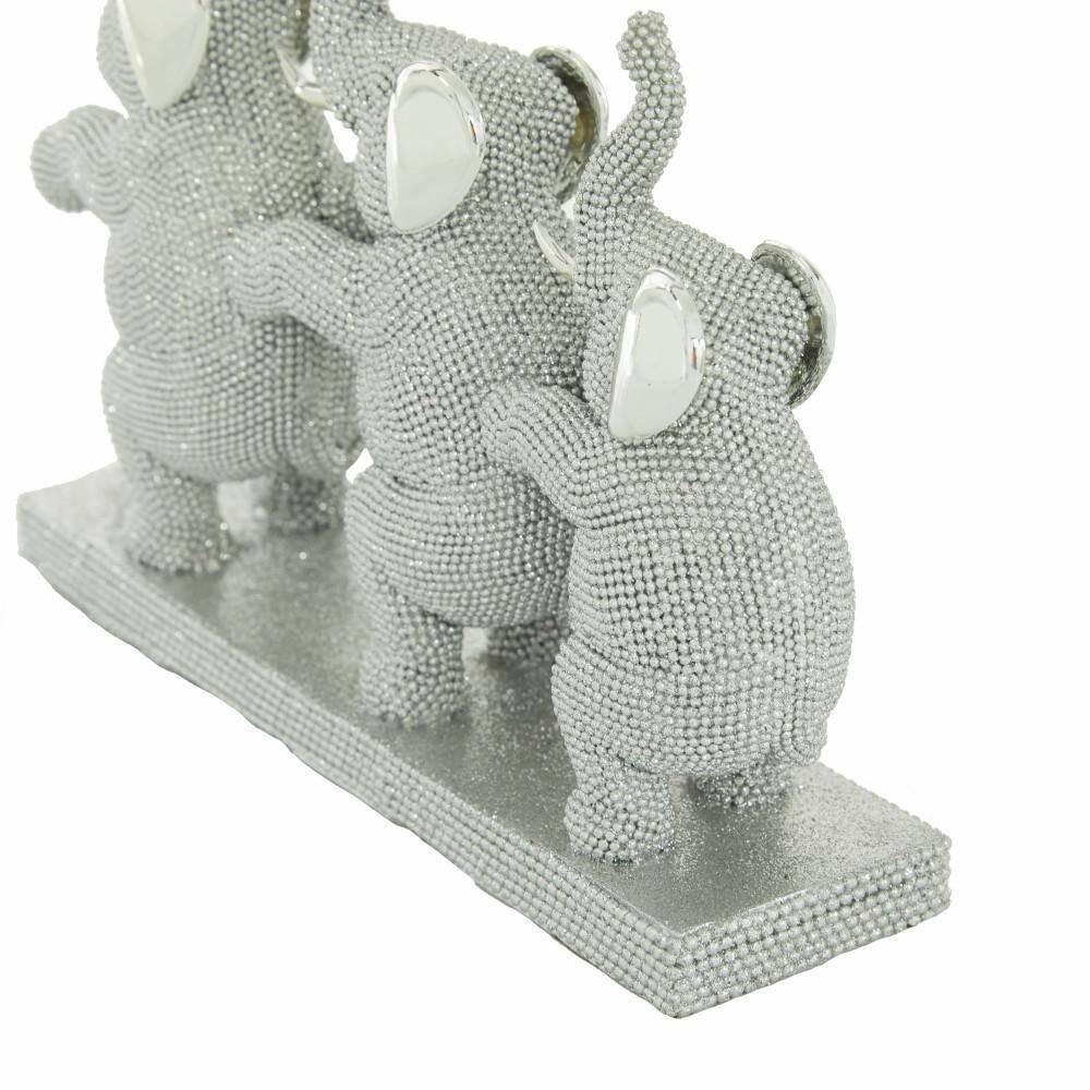 Silver Resin Elephant Trio Sculpture with Shimmering Finish
