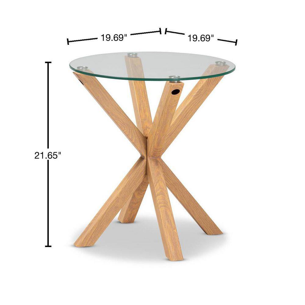 Round Glass and Wood End Table with Sculptural Base