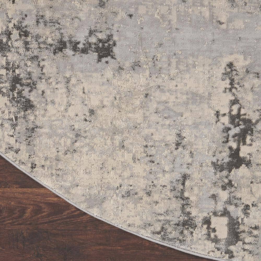 Rustic Grey and Beige Round Synthetic Abstract Rug 5'3"