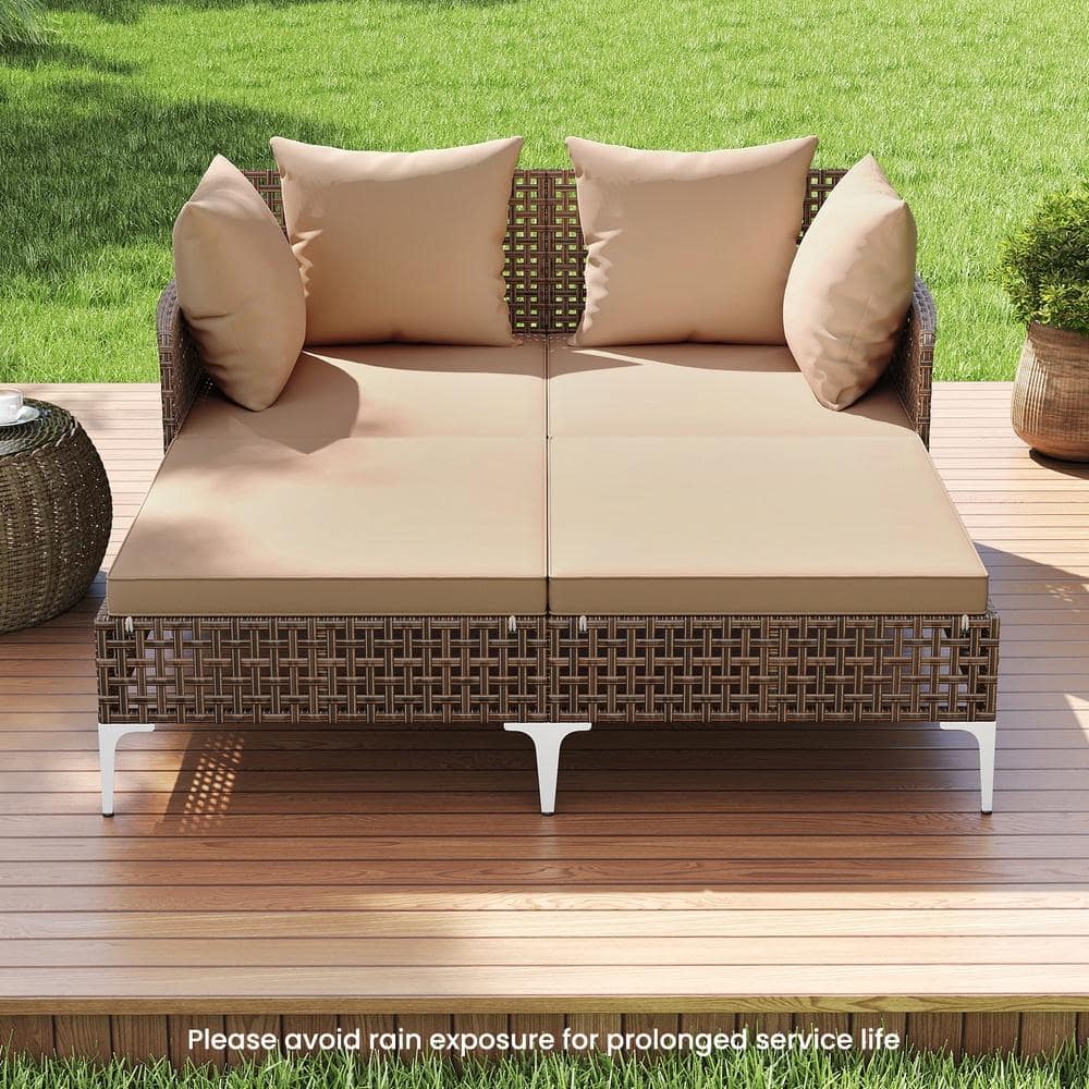 Outdoor Rattan Double Daybed Wicker Chaise Lounge 47 in. x 58 in. 800 lb. Cap. X-Frame with Middle Support Leg
