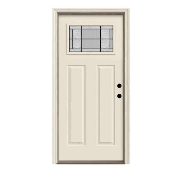 JELD-WEN 36 in. x 80 in. Left-Hand/Inswing Decorative Glass Primed Steel Prehung Front Door with Brickmould