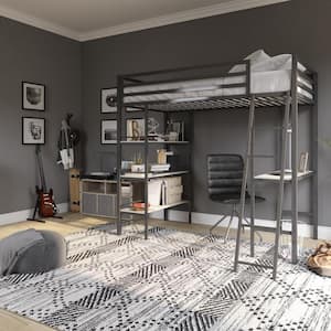 Nova Gunmetal Gray Metal Twin Loft Bed with Shelves