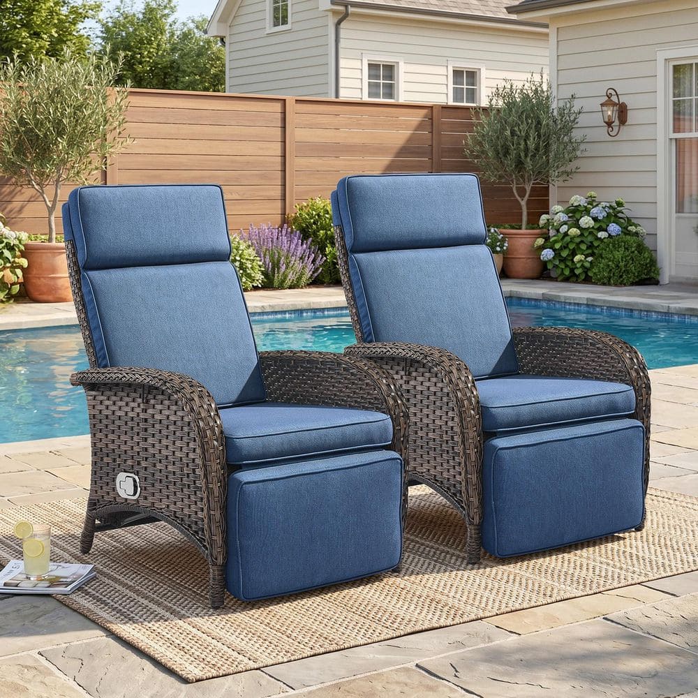 SleekArm Brown 2-Piece Wicker Outdoor Lounge Chairwith Olefin Navy Blue Cushions and Recline Function price history on PriceWatchPro