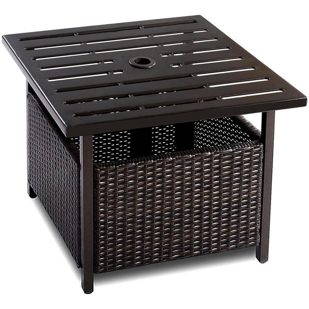 Black Square Wicker Outdoor Side Table with Metal Frame and Umbrella Hole f