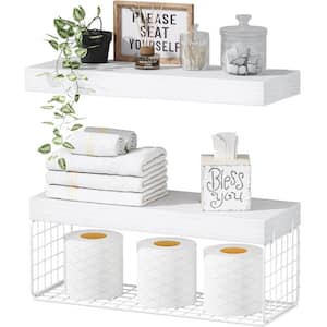 15.7 in. W x 6.7 in. D White Wood Bathroom Shelves Over Toilet Floating Farmhouse Set of 2 Decorative Wall Shelf