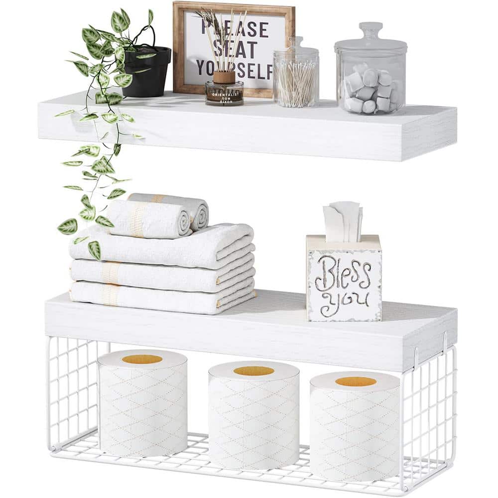 15.7 in. W x 6.7 in. D White Wood Bathroom Shelves Over Toilet Floating Far