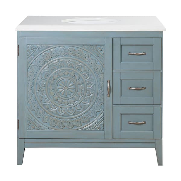 Chennai 37 in. Single Sink Blue Wash Bath Vanity with White Engineered Stone Top (Assembled)