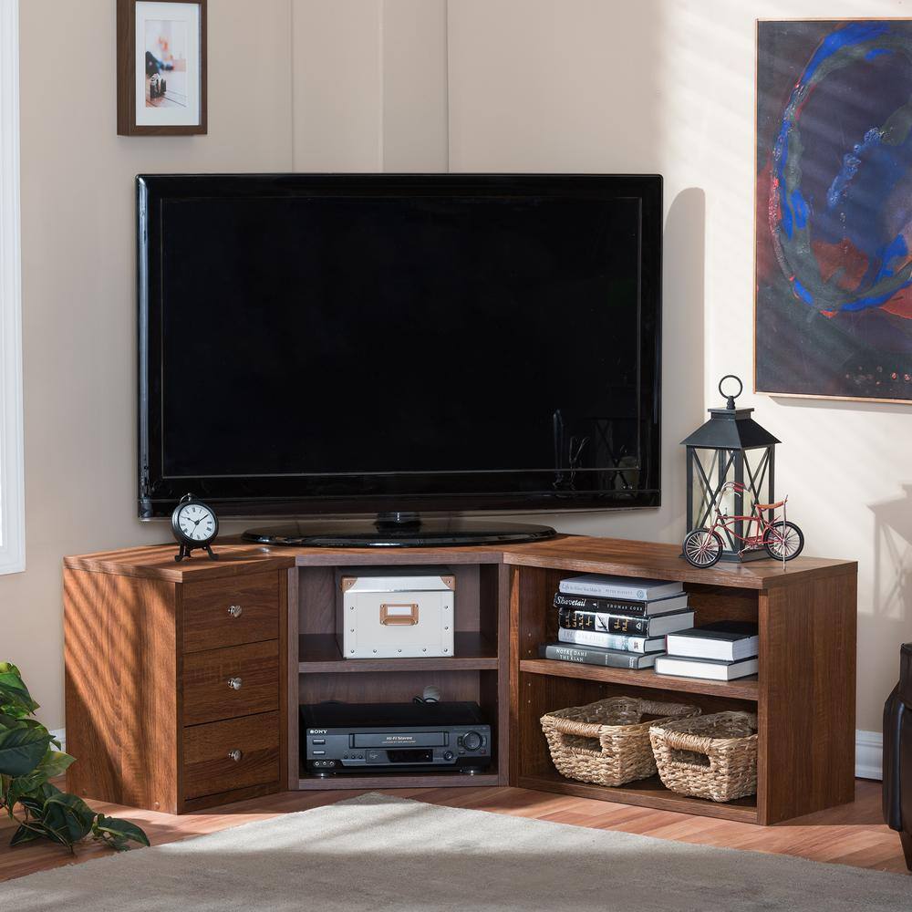 Baxton Studio Commodore 55 in. Brown Wood Corner TV Stand with 3 Drawer  Fits TVs Up to 62 in. with Drawers 28862-5444-HD - The Home Depot