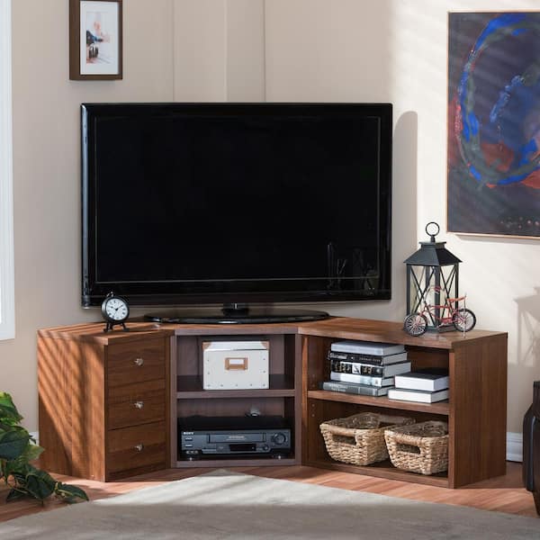 Baxton Studio Commodore 55 in. Brown Wood Corner TV Stand with 3 Drawer Fits TVs Up to 45 in. with Drawers