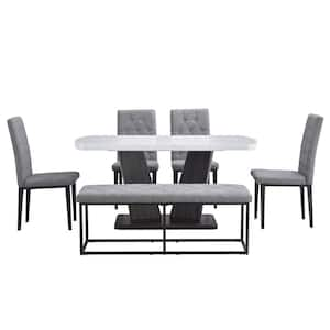 6-Piece Faux Marble Top Dining Table (Set for) 6 with 4 Chairs and 1 Bench, White