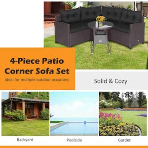 4-Piece Patio Rattan Furniture Set Cushioned Sofa Glass Table Garden Black