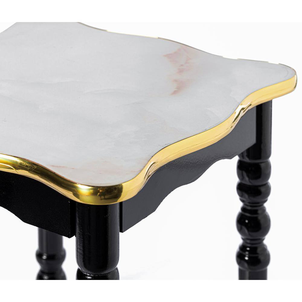 Espresso Square Wooden and Marble Accent Table with Gold Trim