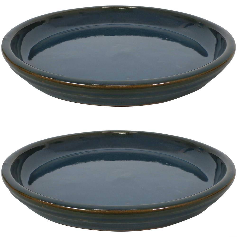 Sunnydaze Decor 14.25 in. Forest Lake Green Ceramic Planter Saucer (Set