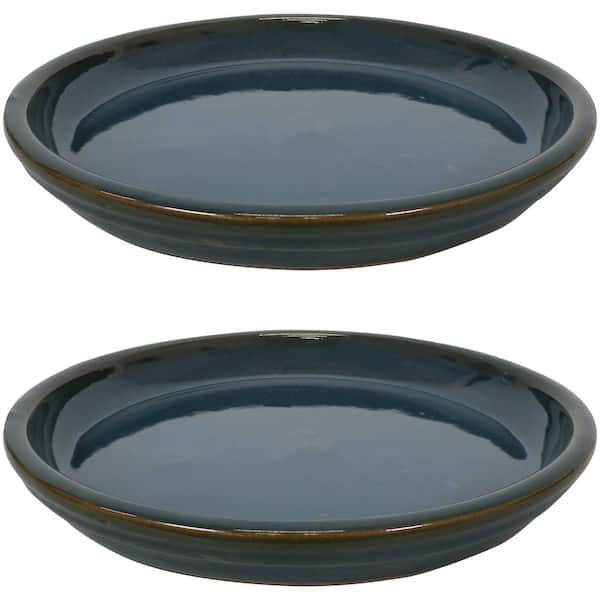 Sunnydaze 14.25 in. Forest Lake Green Ceramic Planter Saucer (Set of 2)