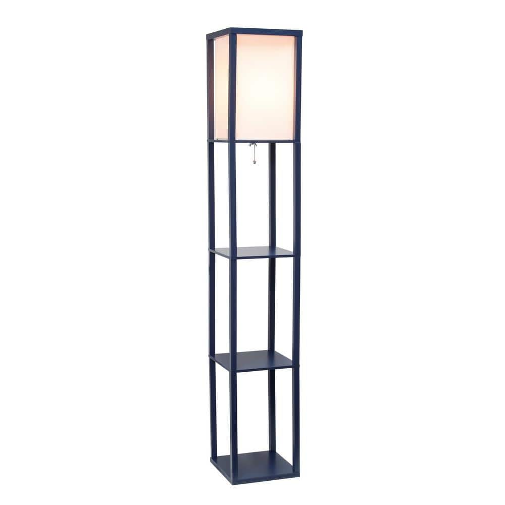 Navy Linen-Shade Floor Lamp with Organizing Storage Shelf