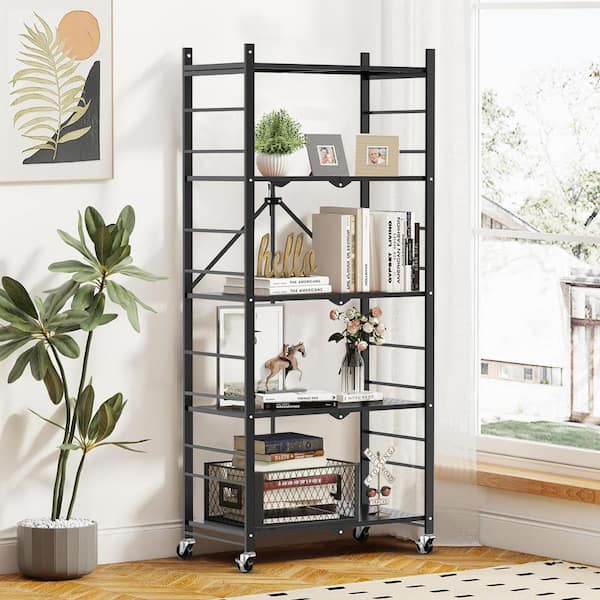Hooure 5-Tier Collapsible Storage Shelves Folding Pantry Shelves Wire Shelving in Black with 20-Hooks for Garage Kitchen Room