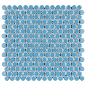 Hudson Penny Round Light Blue 12 in. x 12-5/8 in. Porcelain Mosaic Tile (10.7 sq. ft./Case)