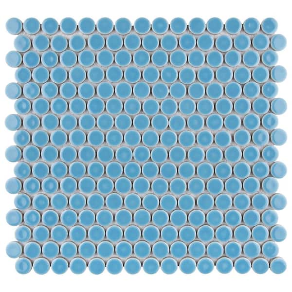 Merola Tile Hudson Penny Round Light Blue 12 in. x 12-5/8 in. Porcelain Mosaic Tile (10.7 sq. ft./Case)