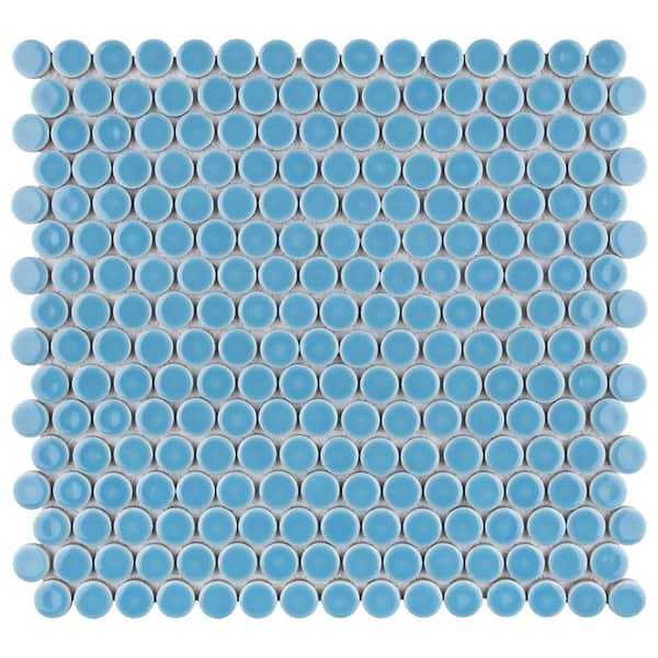 Merola Tile Hudson Penny Round Light Blue 6 in. x 6 in. Porcelain Mosaic Take Home Tile Sample