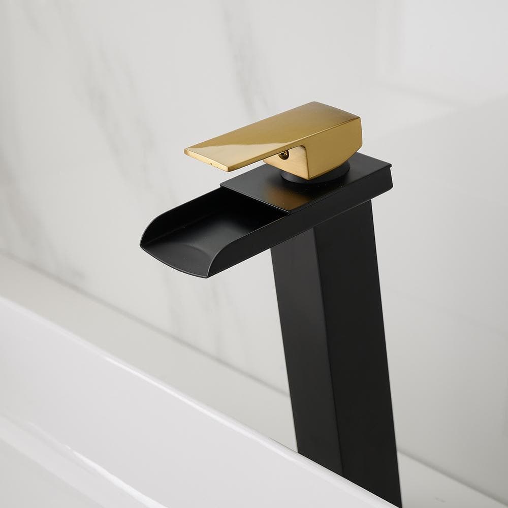 Matte Black and Gold Single Handle Waterfall Vessel Faucet